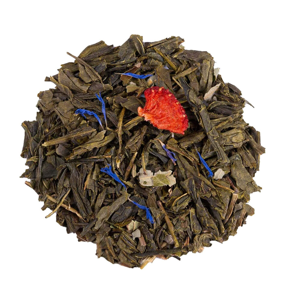 Thé vert bio Strawberry Breeze en vrac, mélange fruité à la fraise et à la menthe, thé rafraîchissant de Keia Tea Suisse.